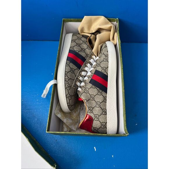 Gucci Ace Supreme GG Guccissima Logo Web Stripe Flat Sneakers Shoes size 6.5 - Picture 7 of 7